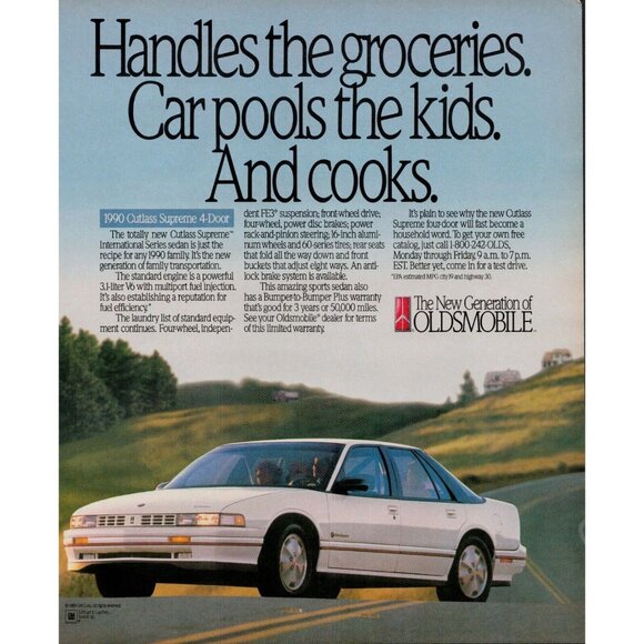 1989 Oldsmobile 1990 Cutlass Supreme 4-Door Vintage Print Ad (L11) - Picture 1 of 3